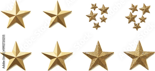 Golden star collection with glitter and metallic effects, decorative festive elements set for holiday design, vector illustration