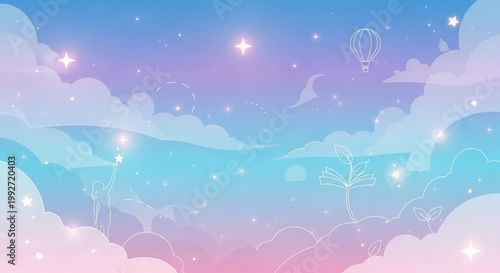 Whimsical dreamlike sky background with hot air balloon and stars