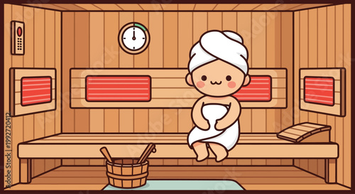 Cartoon person wearing towel and headwrap smiling calmly.