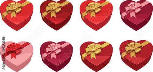 Heart shaped gift boxes with golden ribbons and bows set, romantic presents collection for Valentine celebration, vector illustration