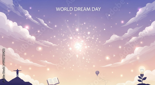 Person standing on mountain peak under glowing magical evening sky