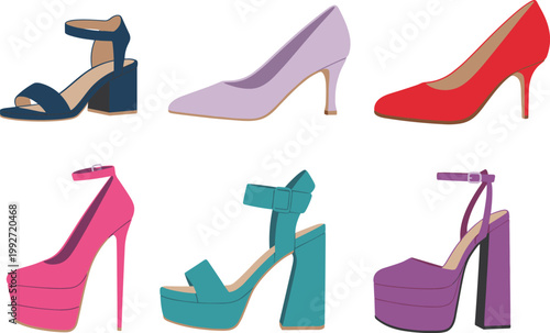 Women high heel shoes collection set, fashionable footwear vector illustration for style