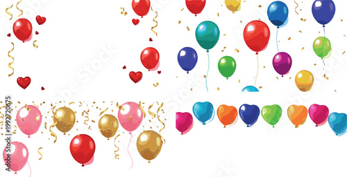 Colorful festive balloons with confetti and ribbons set, party decoration elements with heart shapes, celebration vector illustration collection