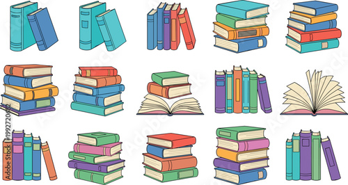 Colorful books stacks and open volumes collection, education and reading concept set with textbooks, library items vector illustration