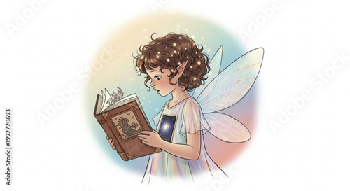 Magical fairy girl with curly hair reading an ancient fantasy book