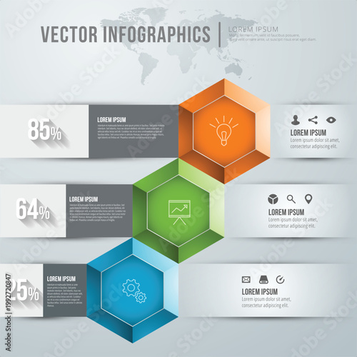 3D Hexagonal Global Strategy Infographic. Professional Vector Template with Three-Step Honeycomb Design, World Map, and Percentage Data Metrics.