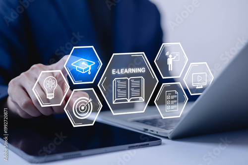 E learning and online education concept with digital interface icons, student using laptop for distance learning, knowledge development, training courses, webinar, and modern education technology 