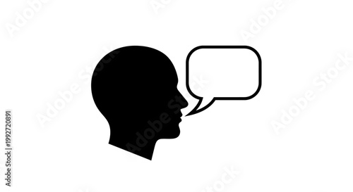Black silhouette of a human head in profile with a speech bubble for communication and dialogue