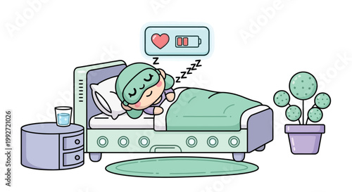 Sleeping person in bed illustration cartoon.