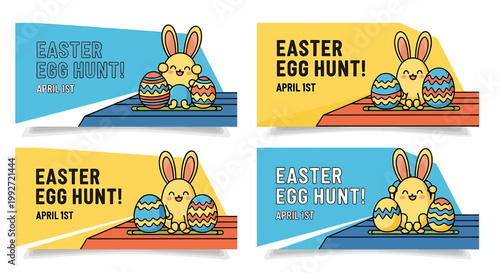 Easter egg hunt invitation cards with bunny and eggs on colorful backgrounds