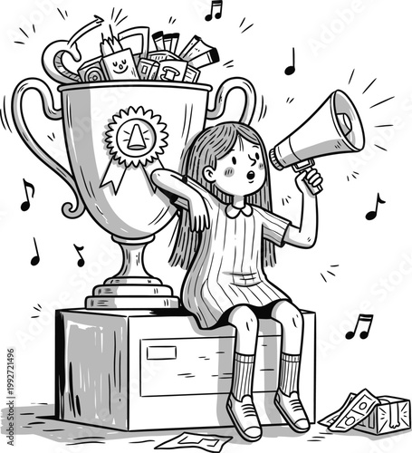 Girl with megaphone and trophy vector illustration megaphone celebration achievement champion announcement happiness illustration promotion