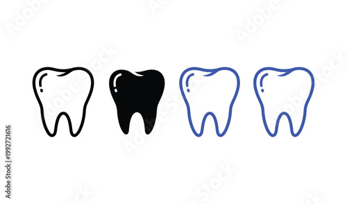Illustration of four teeth in different colors, black, white, and blue, representing dental health and various dental conditions.