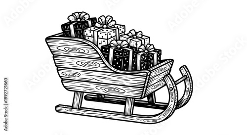Intricately detailed illustration of a wooden sled filled with wrapped gifts, showcasing festive holiday spirit in black and white sketch style