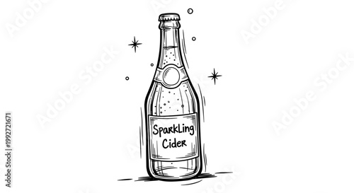 Illustration of a bottle of sparkling cider with hand-drawn details and whimsical bubbles, black and white sketch style, isolated on white background