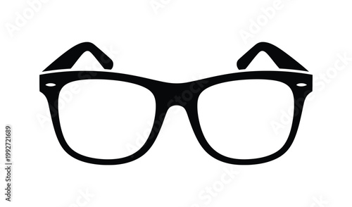 Vintage black wayfarer eyeglasses with clear lenses and silver rivets, isolated on a white background, retro fashion accessory.