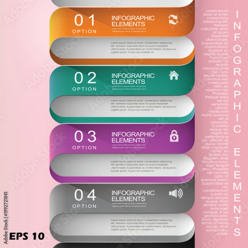 4-Step Modern Ribbon Infographic Banner. Professional Vector Template with Folded Paper Style Options, Business Icons, and Vertical Process Flow.
