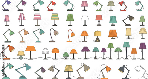 Set of table lamps and desk lamps vector illustrations in various styles modern lighting interior design collection