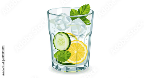 Refreshing detox water in a clear glass with lemon, cucumber slices, and mint leaves on a white background