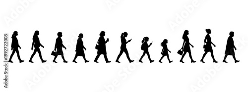 vector illustration. silhouettes of people walking along the street. Large set of characters of different ages.	
