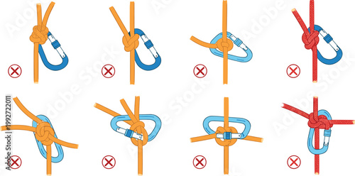 Set of climbing knots vector illustrations showing correct and incorrect rope tying techniques carabiner safety guide collection