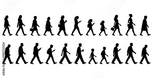vector illustration. silhouettes of people walking along the street. Large set of characters of different ages.	
