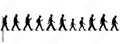 vector illustration. silhouettes of people walking along the street. Large set of characters of different ages.	
