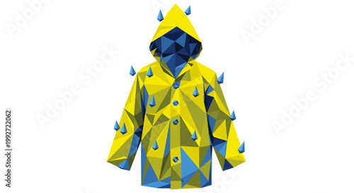 Geometric yellow and blue raincoat adorned with stylized raindrops, isolated on white background