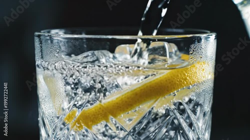 Sparkling water lemon peel ice cube cocktail glass bubble refreshment macro splash as water pours over ice in glass for quiet luxury daily routine