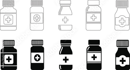 Collection of black and white medical bottle icons representing pharmaceuticals and healthcare solutions