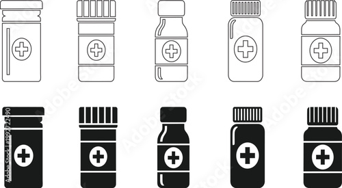 Collection of black and white medical bottle icons representing pharmaceuticals and healthcare solutions