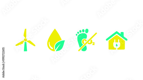 Icons featuring wind turbine, plant, and sustainable living.