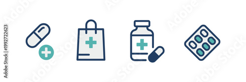 Medical medicine icon set featuring pill capsule drug pharmacy medic symbols healthcare treatment concept clean modern vector illustration