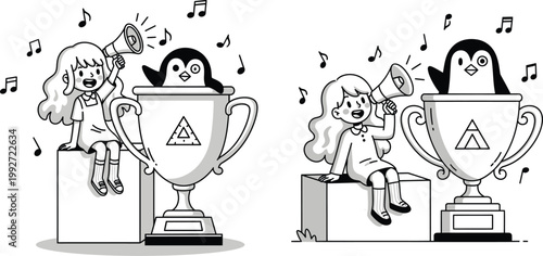 A girl and a penguin celebrating with a trophy and musical notes suggesting victory and joy celebration illustration character achievement