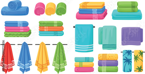 Collection of colorful towels vector illustrations folded stacked and hanging bathroom textile hygiene and spa accessory set