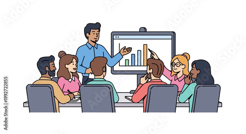 Business people discussing data on screen.