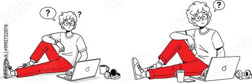 Person sitting on the floor with a laptop appearing confused or thoughtful with question marks above their head remote work confusion question