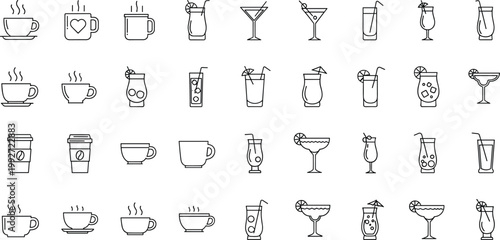 Hot and Cold Drink Icon Set Featuring Coffee Mugs Tea Cups Cocktails and Tropical Beverages in Minimalist Outline Vector Style for Restaurant Menus and Cafe Branding