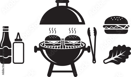 Black BBQ grill icons, outdoor cooking symbols, vector burger and food illustrations, grill and condiment set