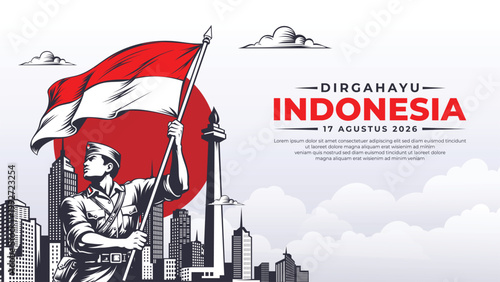 81th Indonesia Independence Day banner design with Strong heroes poses illustration