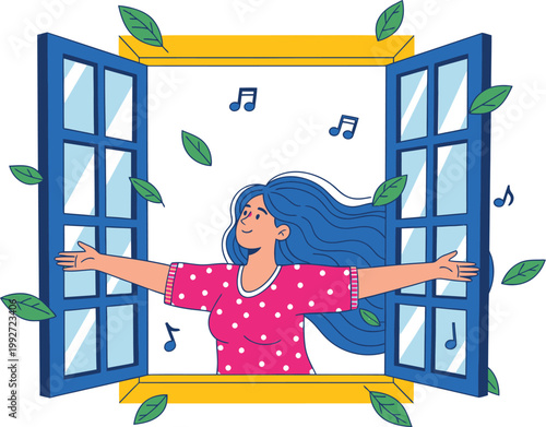 A woman with blue hair opening her arms wide in a window frame surrounded by leaves and musical notes conveying freedom and joy music notes