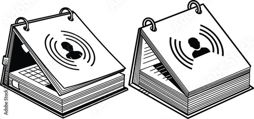 Flip calendar with person icon and sound waves vector illustration black and white calendar silhouette communication information notebook