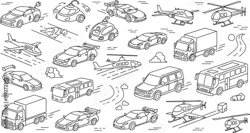 Large Transportation Vector Set with Diverse Vehicles Including Sports Cars, Trucks, Buses, Helicopters, Airplanes, and Futuristic Electric Pods in Minimalist Outline Style for Urban Logistics and Tra