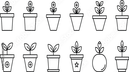 A collection of hand drawn potted plants in various stages of growth representing life and nature
