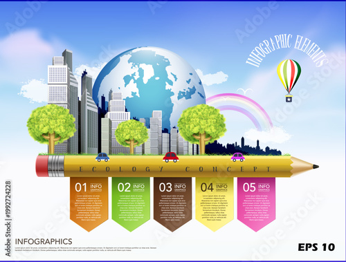 Ecology Concept and Sustainable City Infographic. Professional 3D Vector Template with Green Urban Design, Global Environment Elements, and 5-Step Process.
