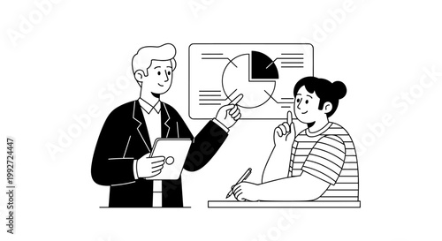 Professional businessman gestures towards pie chart, presenting data analysis to attentive colleague, engaging in collaborative discussion, using tablet, employing minimalist