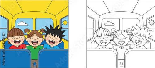 Happy Diverse Kids Laughing and Hugging Inside a School Bus, Back to School Concept Coloring Page and Color Illustration for Children Activity Book and Education Material