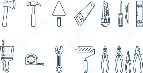 Construction tools line icons set hammer saw wrench pliers screwdriver level brush equipment vector collection symbols