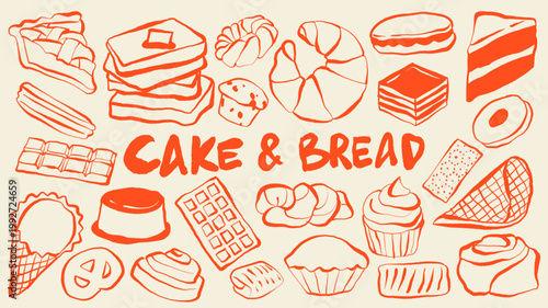 Hand-drawn illustration set of cakes, bread, and bakery products in doodle style. Perfect for cafe branding, food packaging, menu design concepts, bakery menu, sweet food, and homemade treats.