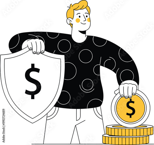 Man protecting money and shield with dollar sign security protection investment business currency financial exchange transaction commerce