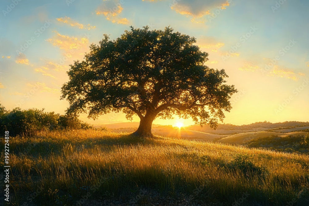 Fototapeta premium Solitary tree on a sunlit grassy hill at golden sunset, warm tranquil landscape evoking peace and calm